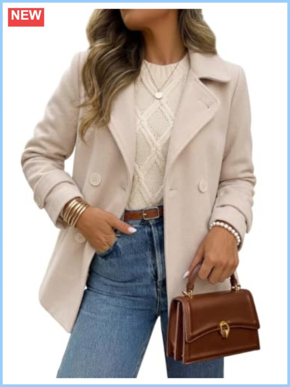 Wool Blend Double Breasted Peacoat Long Sleeve Winter Coat